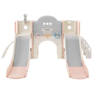 Pink 7 in. 1 Toddler Freestanding Slide Set with Slide, Arch Tunnel, Ring Toss and Basketball Hoop, Double Slides
