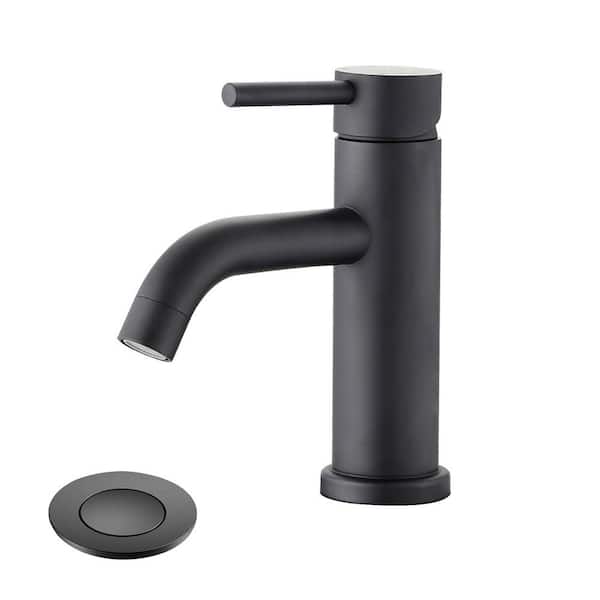 YASINU Karwors Single Hole Single Handle Bathroom Faucet with Pop-Up Sink Drain Stopper and Deck Plate in Matte Black