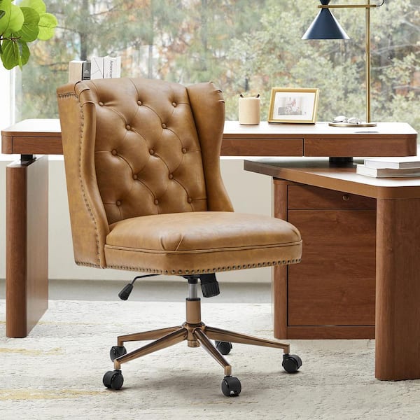 Jill Traditional Faux Leather Botton Tufted Office Chair in Camel with Nailhead Trims
