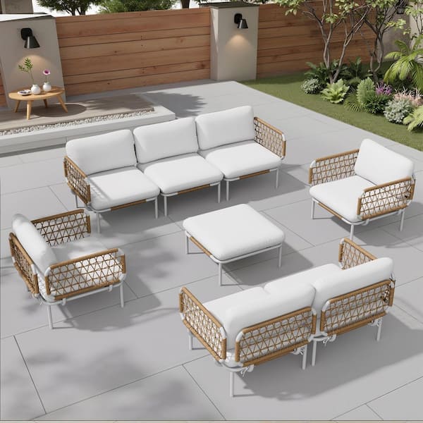 Aluminum Patio Conversation Sectional Seating Set in Beige with Thick Cushions (Set of 8)