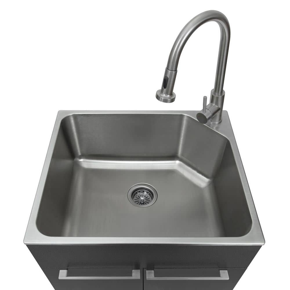 Gray Stainless Steel Drop-In Utility Sink with Faucet and Cabinet