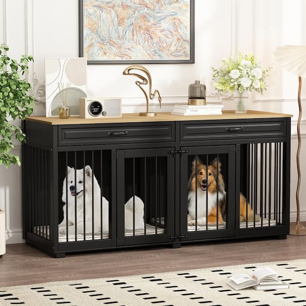 FUFU&GAGA 64.6 in. Large Dog House Furniture, Indoor Wooden Dog Crate with 2 Drawers and Divider for Medium or 2 Small Dogs, Black