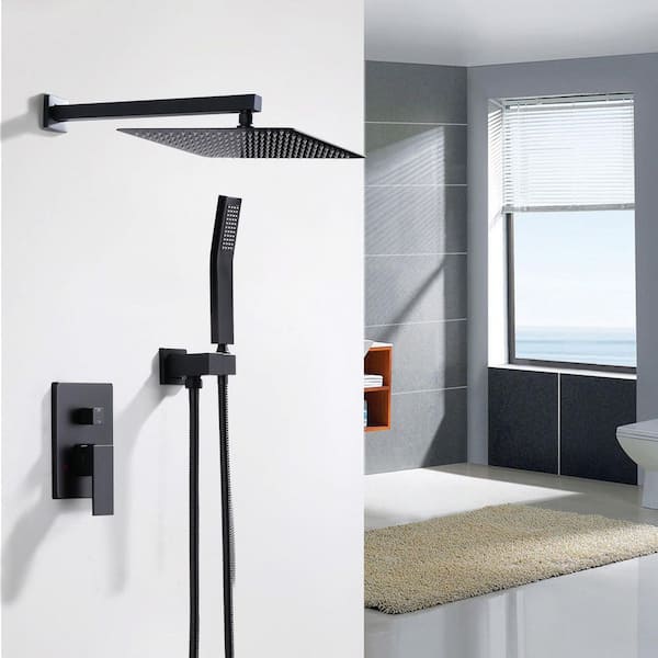 Single Handle 1-Spray Dual Wall Mount 12 in. Fixed and Handheld Shower Head 1.8 GPM with Brass Rough-in Valve in Black