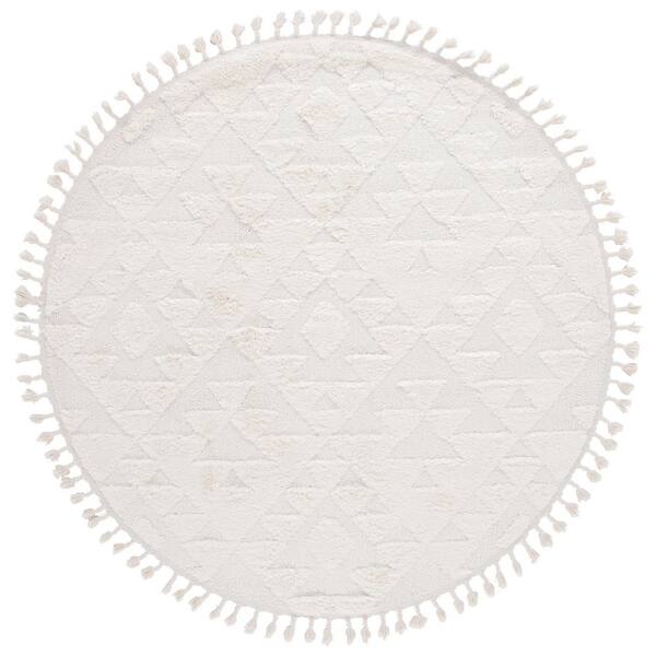 Moroccan Ivory Tassel Shag 5 ft. x 5 ft. High-Low Geometric Fringe Round Area Rug