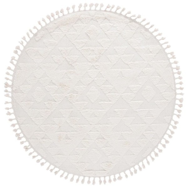 Moroccan Tassel Shag Ivory 8 ft. x 8 ft. High-Low Geometric Fringe Round Area Rug