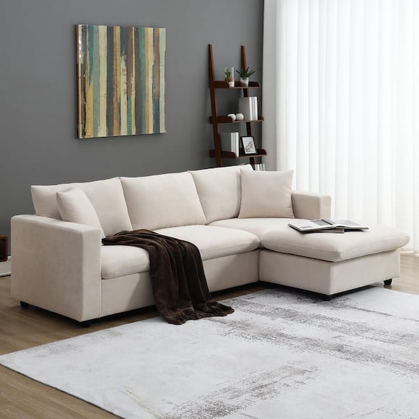 sumyeg 100.4 in. L-Shaped Polyester Sectional Sofa in. Beige with 2-Pillows and Convertible Ottoman