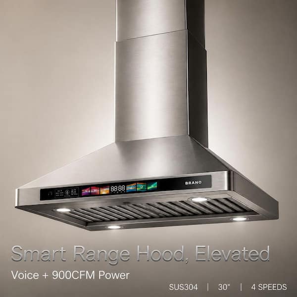 30 in. 900 CFM Convertible Wall Mount Range Hood in Stainless Steel 4 Speed Exhaust Fan and Voice/Gesture/Touch Control