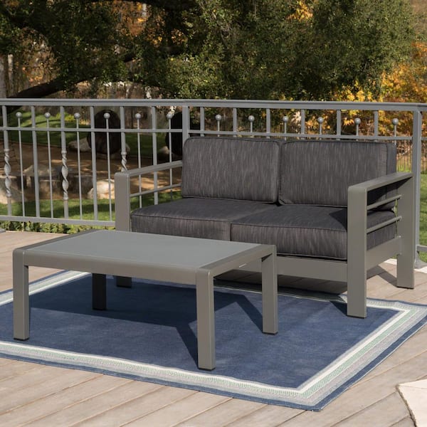 Noble House Cape Coral Grey 2-Piece Aluminum Patio Conversation Set with Dark Gray Cushions