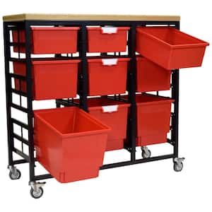 Mobile Workbench Storage Station With Wood Top -9 StorSystem Trays-Red