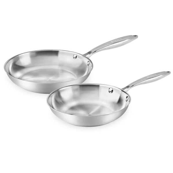 SEEUTEK 2-Piece Silver 8 in. 10 in. Tri-Ply Stainless Steel Frying Pan Oven Dishwasher Safe Classic Cooking Pan Cookware