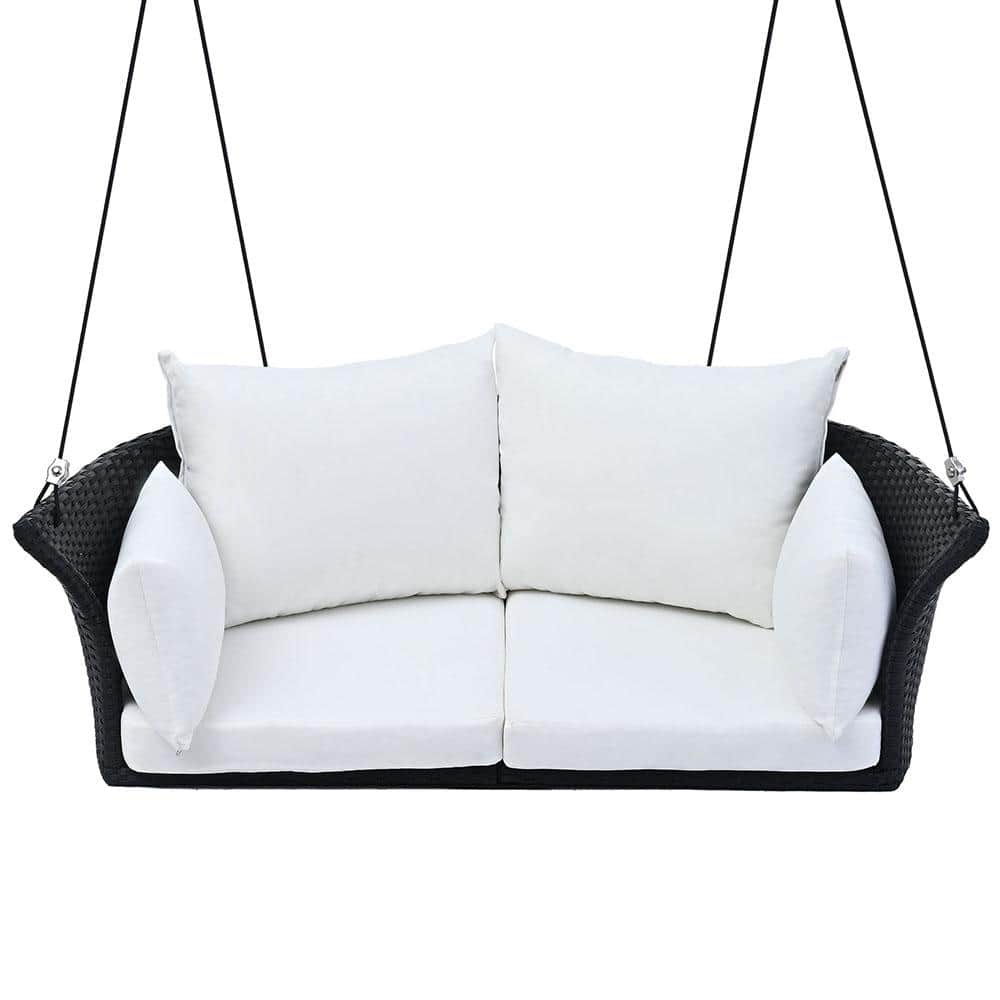 2-Person Black PE Wicker Outdoor Porch Swing with Ropes, Patio Swing Chair 