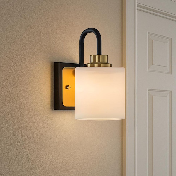 5 in. 1-Light Modern Elegant Brass And Black Bathrooom Vanity Light With Milk White Glass Shades