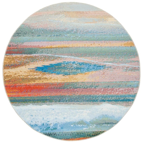 SAFAVIEH Barbados Light Blue/Pink 8 ft. x 8 ft. Round Gradient Abstract Indoor/Outdoor Area Rug