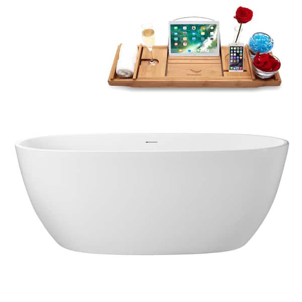 60 in. x 30 in. Acrylic Freestanding Soaking Bathtub in Glossy White with Matte Black Drain, Bamboo Tray