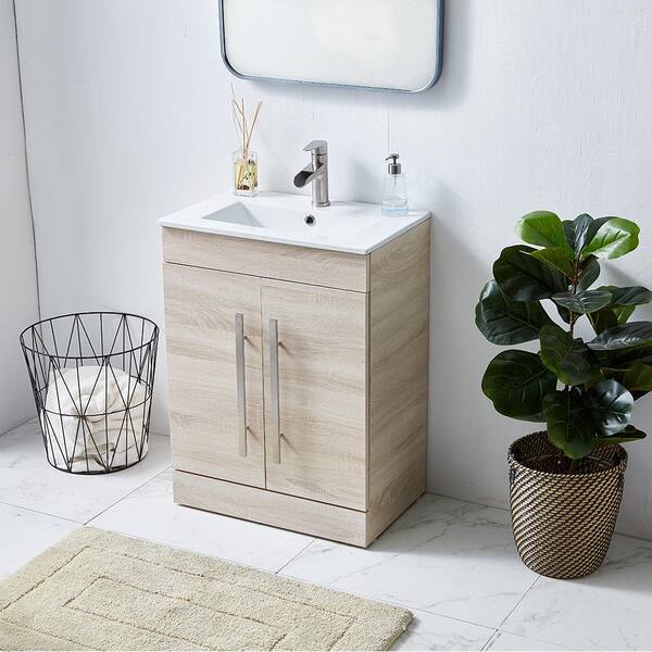 24” Modern Bathroom Vanity Wood Cabinet Ceramic Sink Mirror w/Adjustable feet 