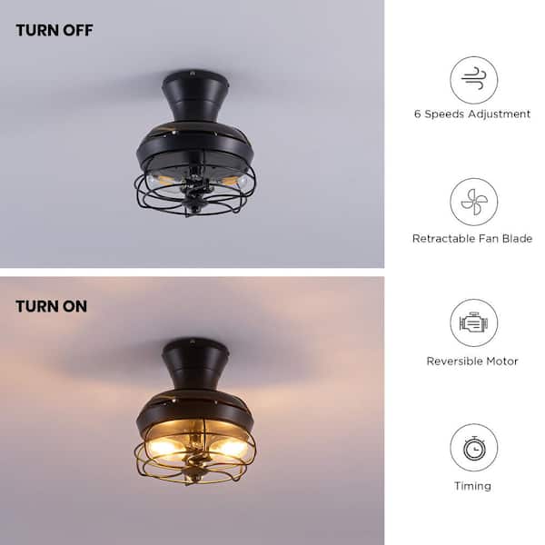 23 in. Indoor 3-Light Farmhouse Black Low Profile Retractable Ceiling Fan with Light Small Caged Fandelier with Remote