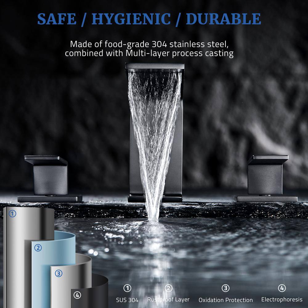 Matte Black Stainless Steel Widespread Bathroom Faucet with Pop-Up Drain