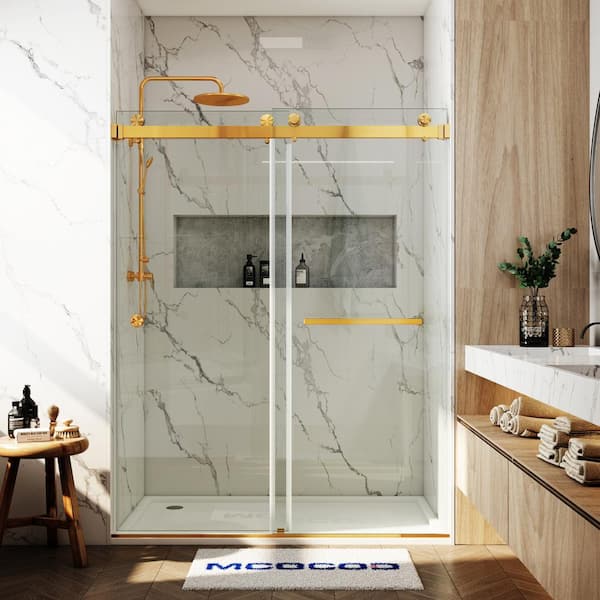 MCOCOD 61-67 in. W x 76 in. H Double Sliding Frameless Smooth Sliding Shower Door in Brushed Gold with 3/8 in. Clear Glass