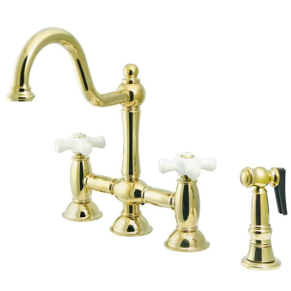 Kingston Brass Restoration 2-Handle Bridge Kitchen Faucet with Side Sprayer in Polished Brass