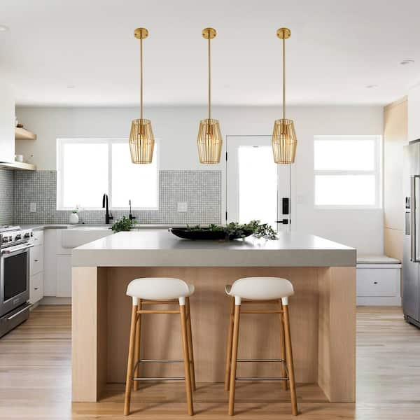 LamQee 1-Light Antique Gold Geometric Pendant Light with Caged Metal Shade(3-Pack)