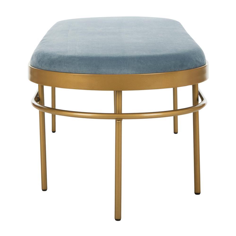 63'' Luxe Transitional Slate Blue Velvet and Gold Oval Bench