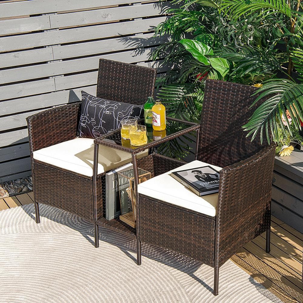 1-Piece Wicker Patio Conversation Set with Off White Cushions and Glass Tab