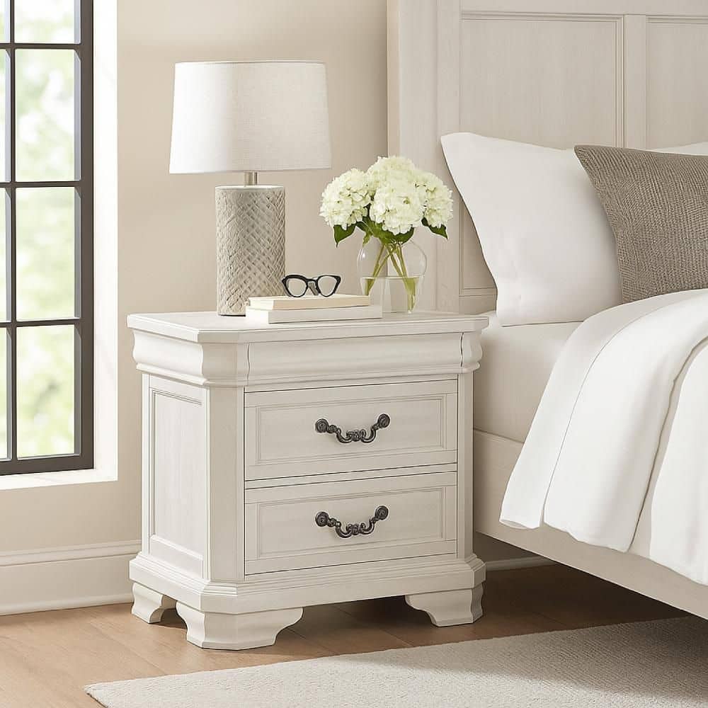 Lynda White and Pewter 2 Drawer 26.5 in. W Nightstand