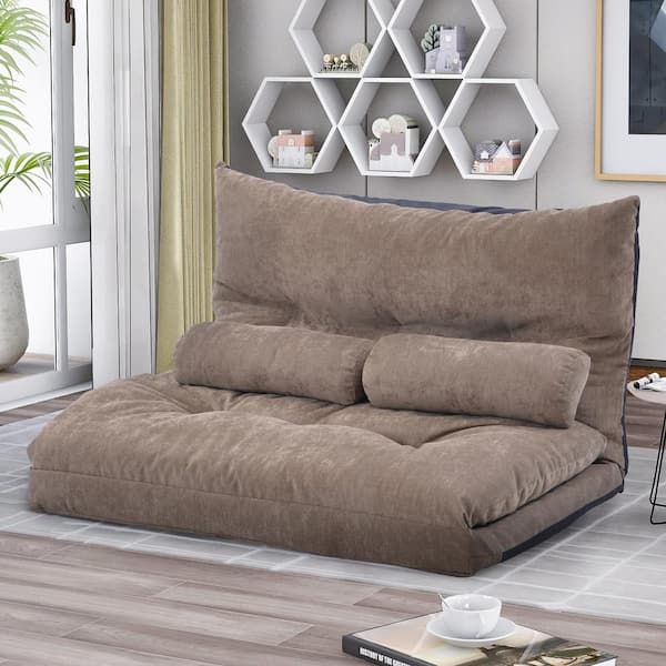 URTR 43.3 in. Beige Twin Foldable Floor Sofa Bed, Folding Futon Lounge, Lazy Sofa Couch Reclining Video Gaming Sofa w/ Pillow