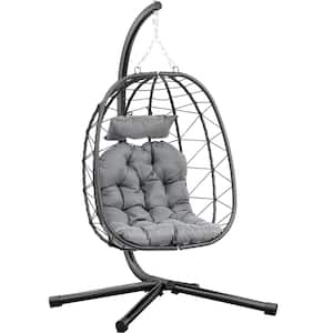 Black Patio Swing Hanging Egg Chair Wicker with Dark Gray Cushion