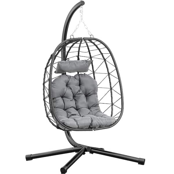 Black Patio Swing Hanging Egg Chair Wicker with Dark Gray Cushion