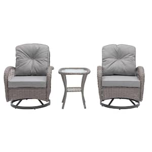 3-Piece Outdoor Wicker Patio Conversation Sets with 360° Swivel, Grey Cushions, Glass Top Table