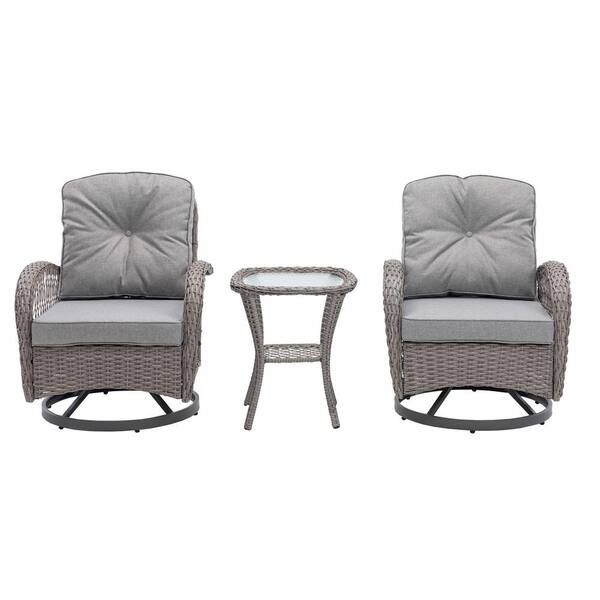 3Piece Outdoor Wicker Patio Conversation Sets with 360° Swivel, Grey Cushions, Glass Top Table