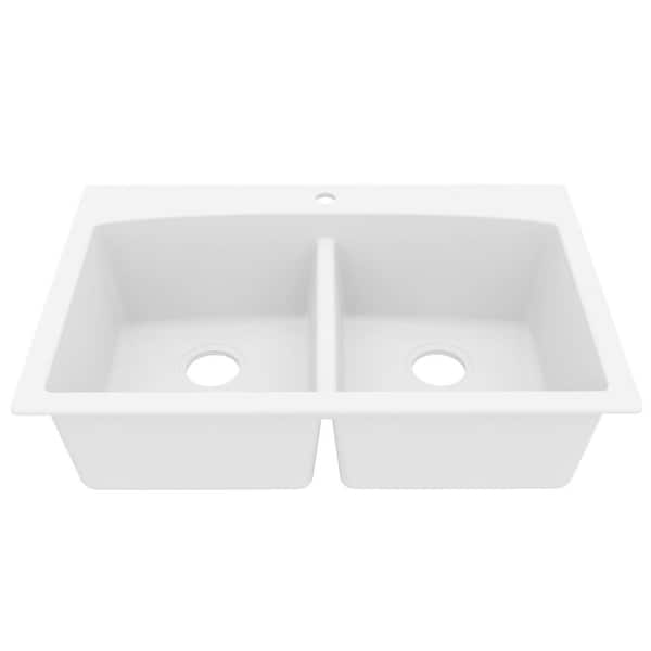 Quartz Granite Composite 33 in. Drop-in Top Mount 50/50 Double Bowl Kitchen Sink in White
