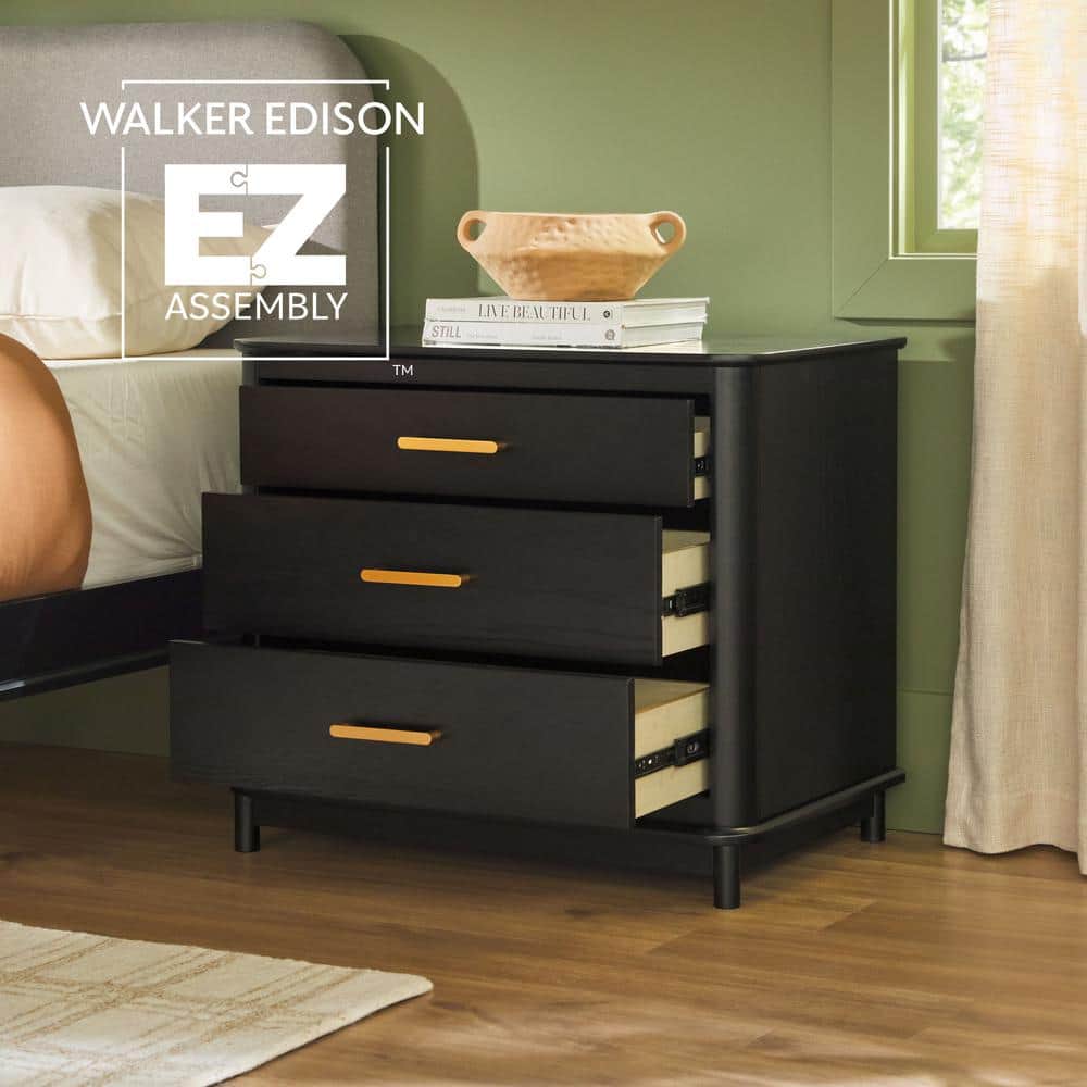 Black Solid Wood 3-Drawer Nightstand with Gold Handles