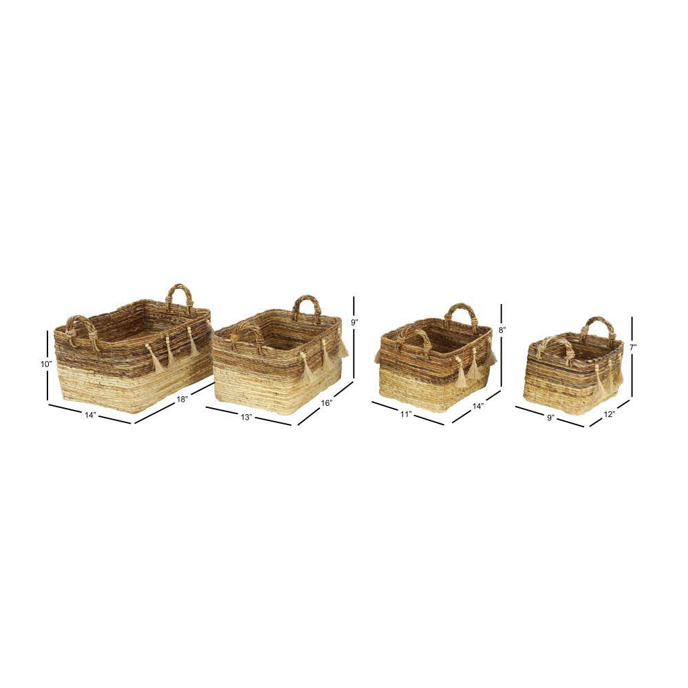 Large Rectangular Brown and Beige Wicker Storage Baskets with Tassels