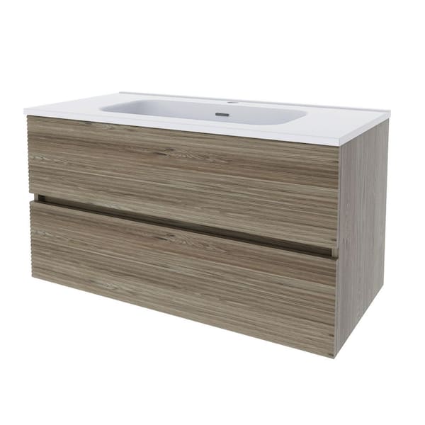 35.83 in. W x 18.31 in. D x 19.57 in. H Wall-Mounted Bath Vanity Set in Oak with White Ceramic Top