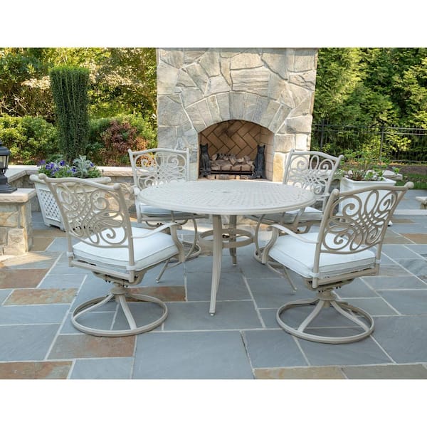 Hanover Traditions 5 Piece Aluminum Outdoor Dining Set With 4 Swivel Rockers And Cast Table Beige Cushions Traddnsd5pcsw4 Be - Home Depot Patio Dining Chair Cushions Set Of 4