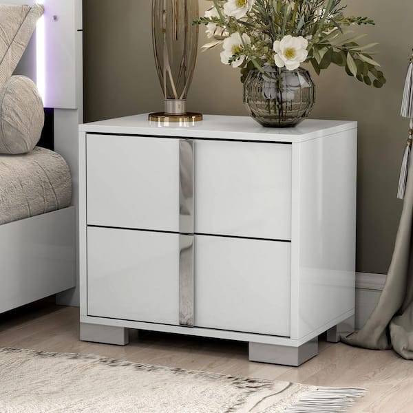 Mesala White 2-Drawer 23.5 in. W Nightstand with Chrome Accents and Legs, Vertical Chrome Handles