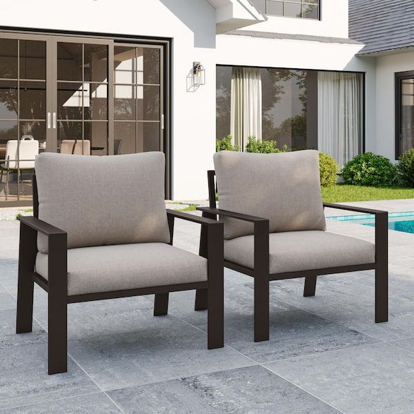 Poteban 2-Piece Brown AluminumOutdoor Single-Arm Chairs With Khaki Cushion