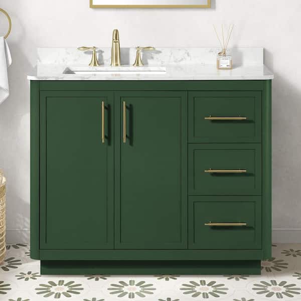 Tamsin 42 in. Single Sink Forest Green Bath Vanity with White Round Corner Engineered Marble Top (Assembled)