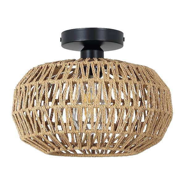 PUDO 11.8 in. 1-Light Bohemian Style Brown Flush Mount with Rattan Shade
