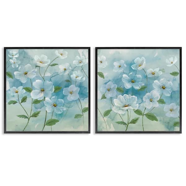 Stupell Industries Blue & White Apple Blossoms by Nan 2 Pieces Black Framed Nature Giclee Art Print 12 in. x 12 in.