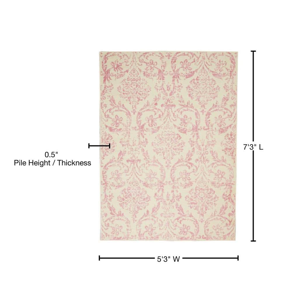 Ivory and Pink Vintage Damask Area Rug
