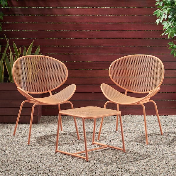 Noble House Elloree Matte Orange 3-Piece Metal Outdoor Patio Conversation Seating Set