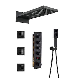 Luxury Temperature Display 4-Spray Patterns Thermostatic 22 in. Wall Mount Rain Dual Shower Heads with 3-Jet in Black