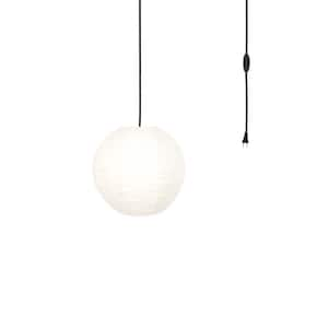 Orb 12 in. 60-Watt 1-Light Ivory Hanging Lantern Pendant-Light with Round Fabric Shade and Black Plug-in