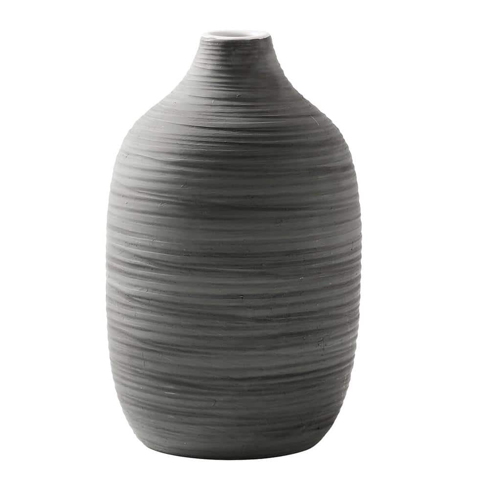 9 in. Charcoal Gray Round Ceramic Vase for Room, Boho Vase for Coffee Table