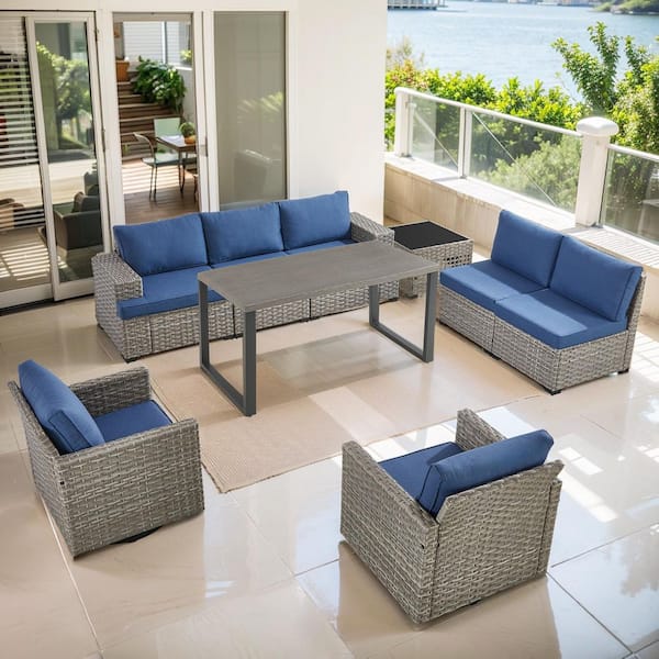 ModNest Taupe 9-Piece Wicker Patio Conversation Set, Modular Sofa Set with Navy Blue Cushions and Dining Table