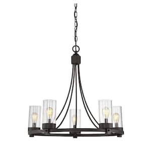 Meridian 26 in. W x 23 in. H 5-Light Oil Rubbed Bronze Chandelier with Clear Glass Cylindrical Shades