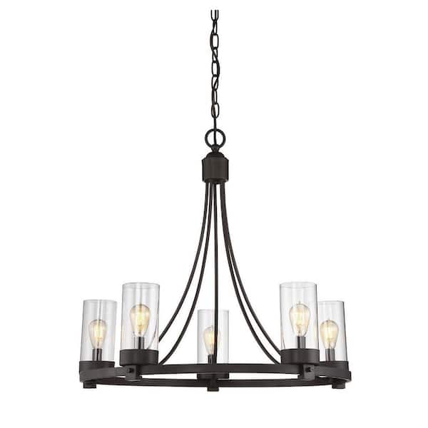 Meridian 26 in. W x 23 in. H 5-Light Oil Rubbed Bronze Chandelier with Clear Glass Cylindrical Shades